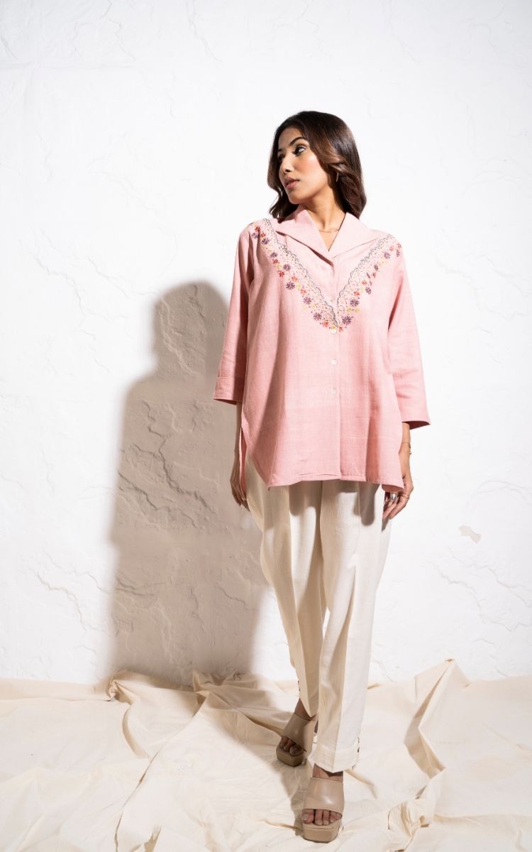 Everyday Handwoven Cotton Baby Pink Embroidered Shirt