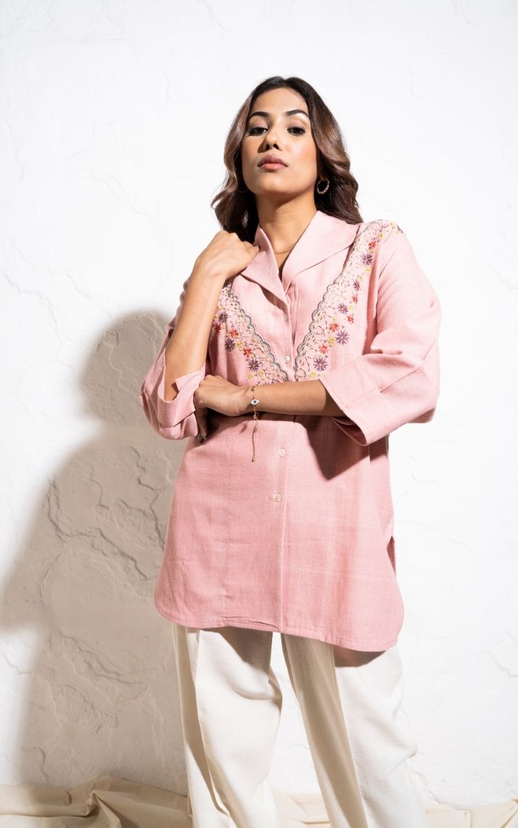 Everyday Handwoven Cotton Baby Pink Embroidered Shirt