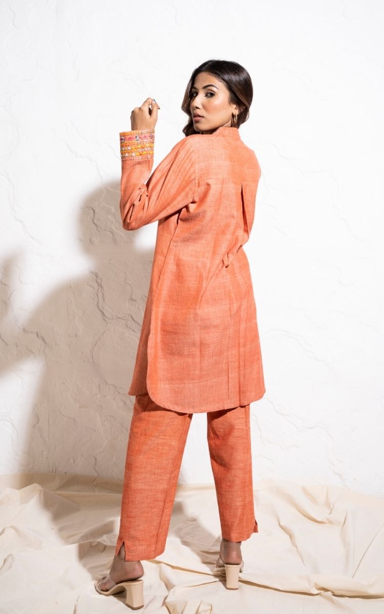 Carrot Red Handwoven Cotton Embroidered Co-ord