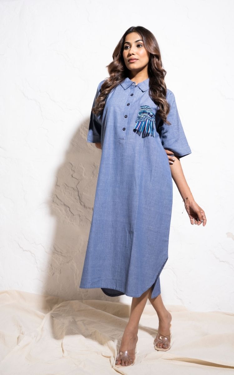 Denim Blue Handwoven Cotton Shirt Dress