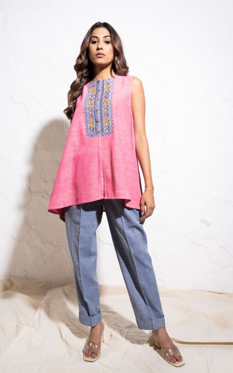 Embroidered Yoke Handwoven Cotton Berry Pink Top