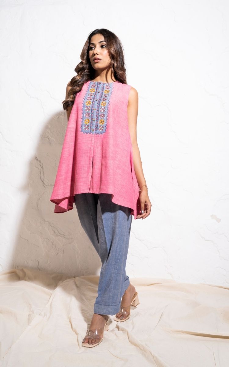 Embroidered Yoke Handwoven Cotton Berry Pink Top