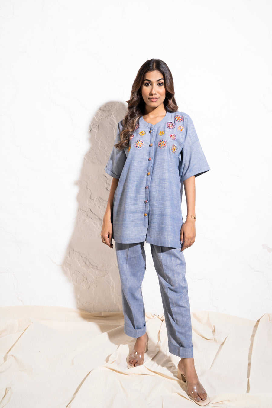 Denim Blue Handwoven Cotton Embroidered Co-ord