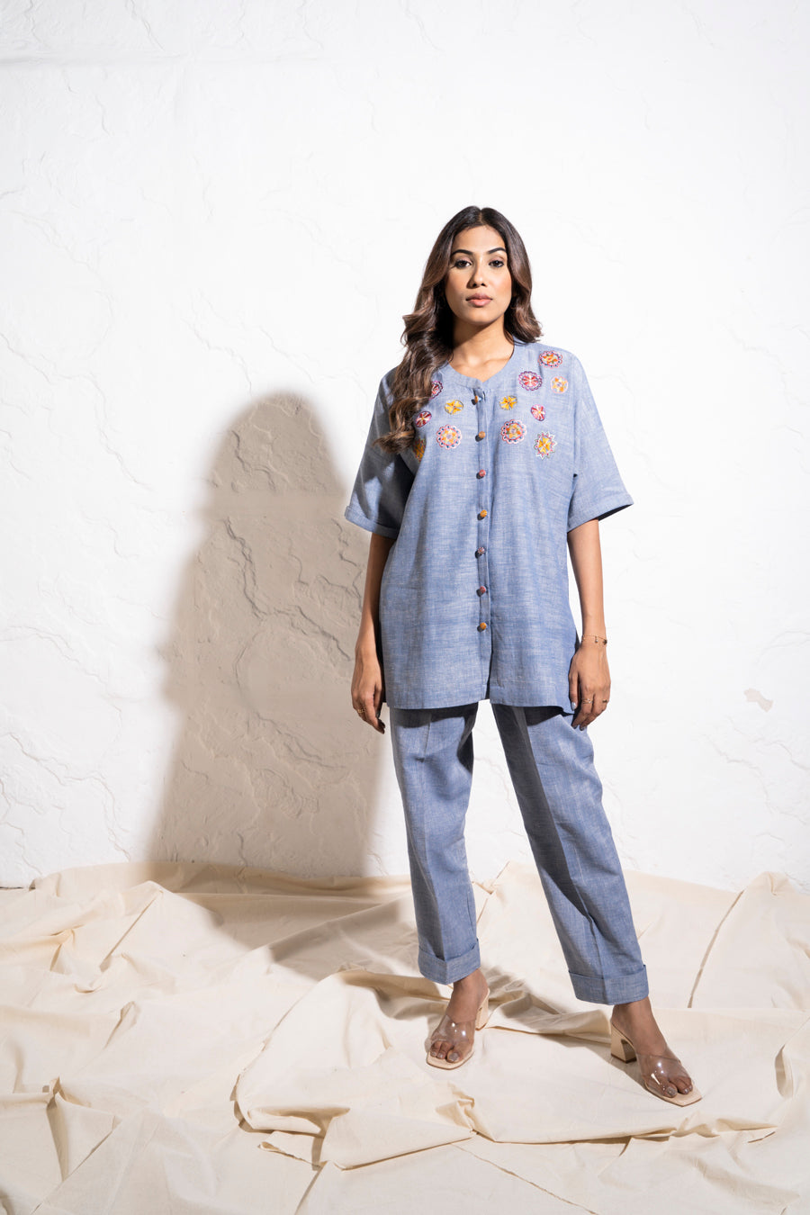 Denim Blue Handwoven Cotton Embroidered Co-ord