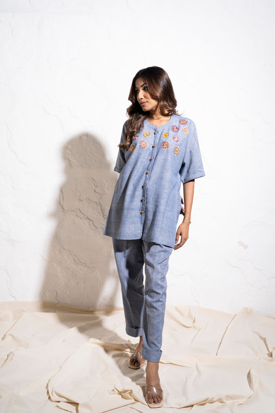 Denim Blue Handwoven Cotton Embroidered Co-ord