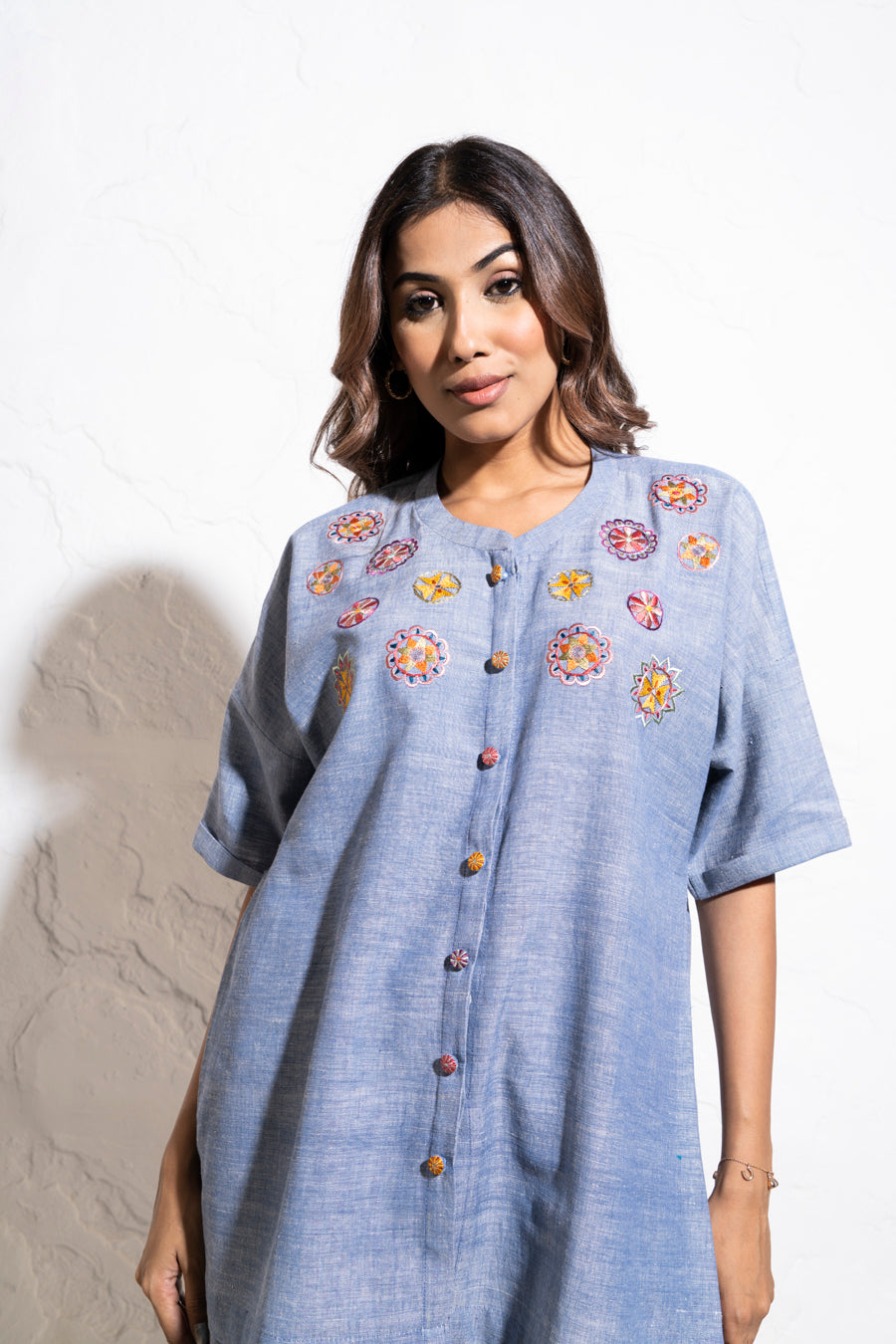 Denim Blue Handwoven Cotton Embroidered Co-ord