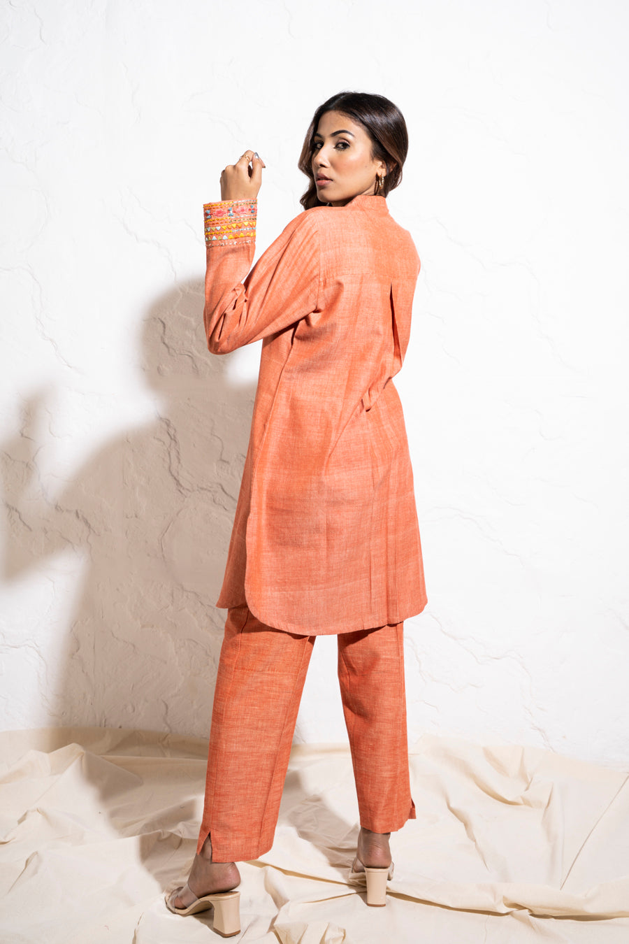 Carrot Red Handwoven Embroidered Co-ord