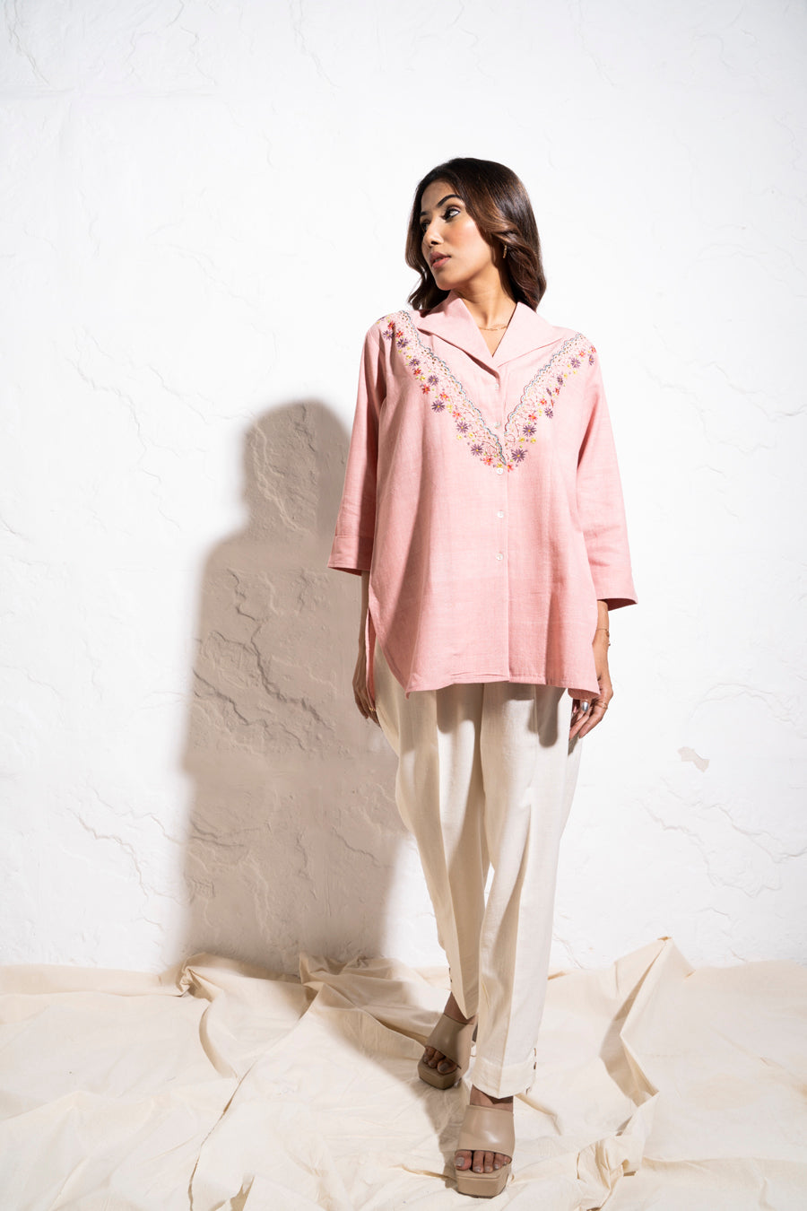 Everyday Handwoven Cotton Baby Pink Embroidered Shirt