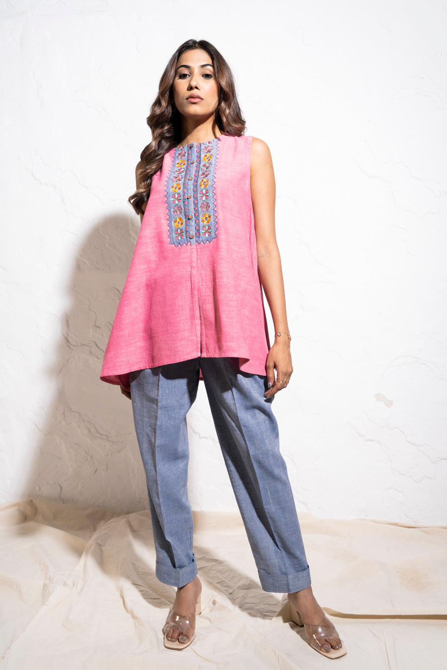 Embroidered Yoke Handwoven Cotton Berry Pink Top