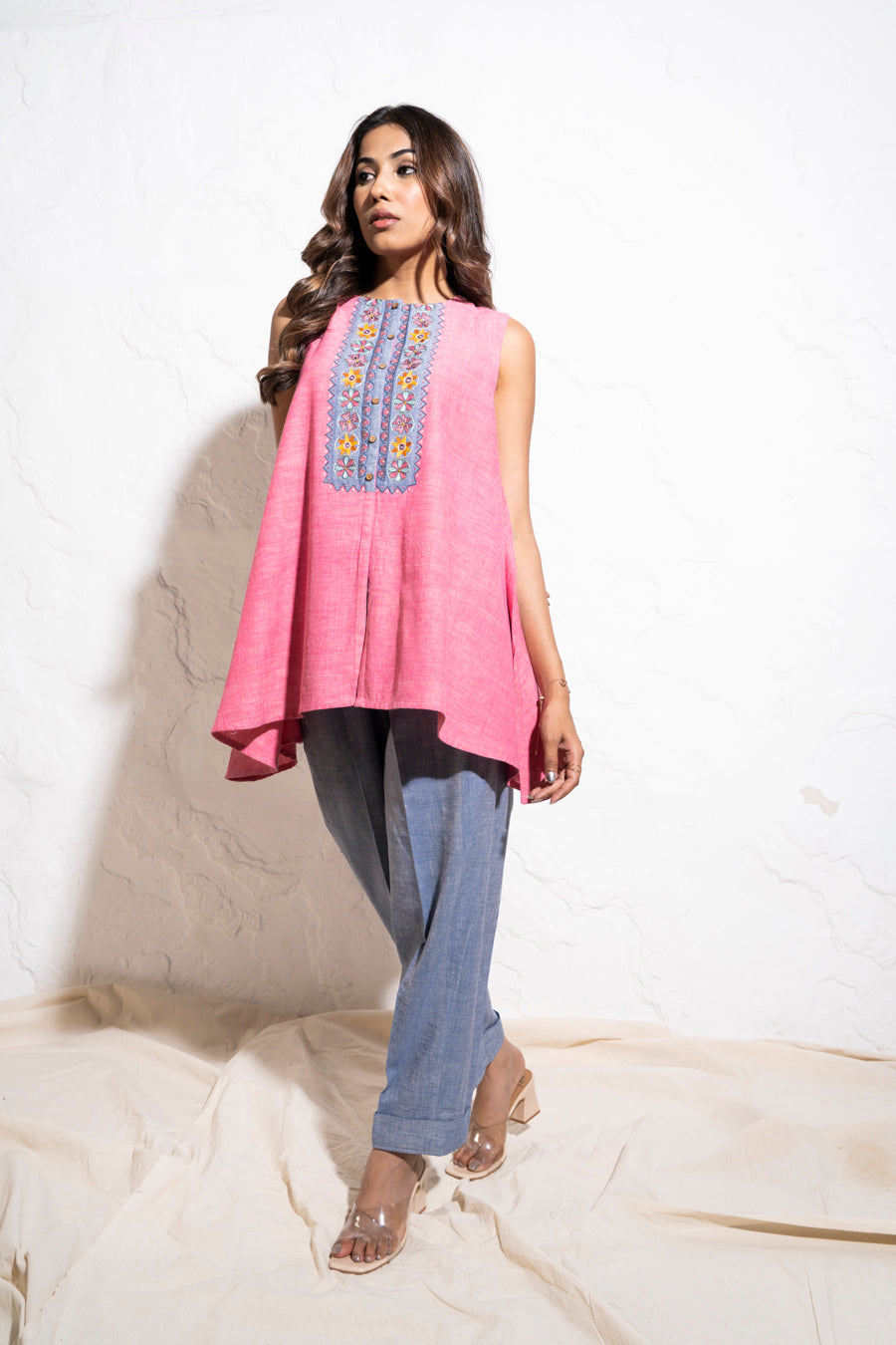 Embroidered Yoke Handwoven Berry Pink Top