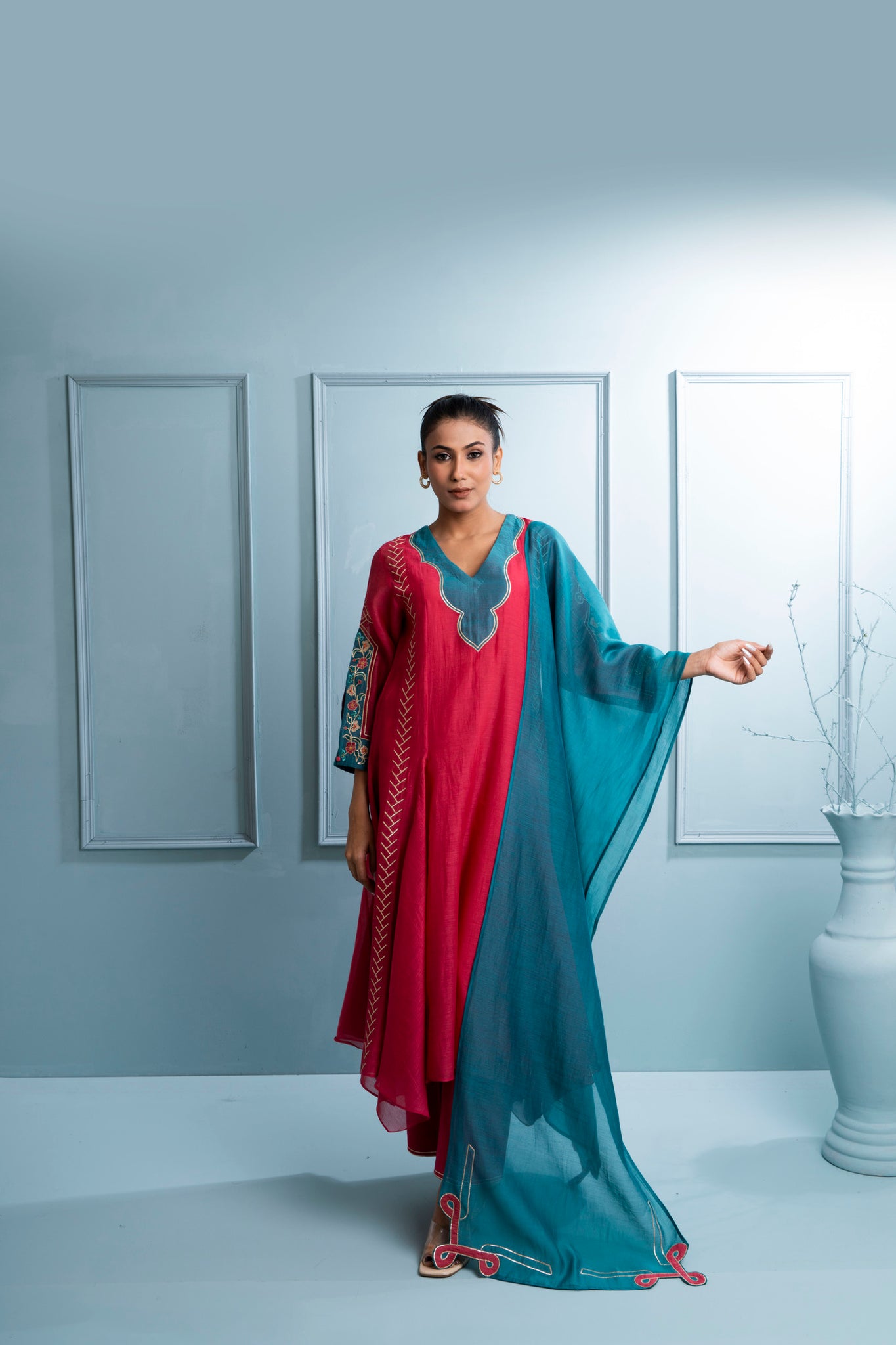 Pink & Teal Kalidaar Chanderi Kurta Set with Dupatta