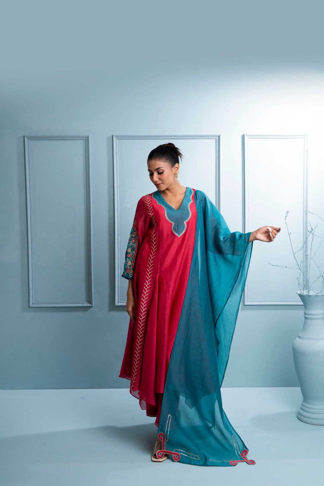 Pink & Teal Kalidaar Chanderi Kurta Set with Dupatta