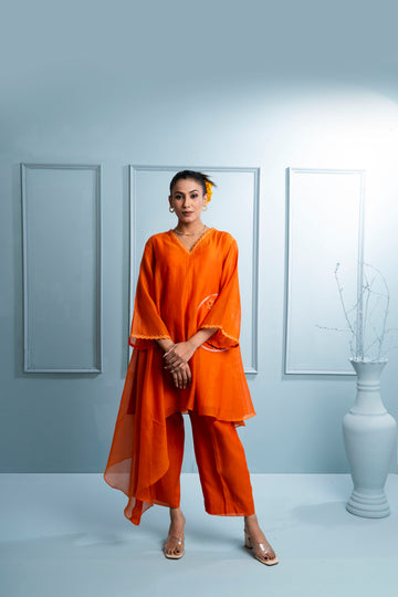 Orange Asymmetrical Chanderi Co-ord Set