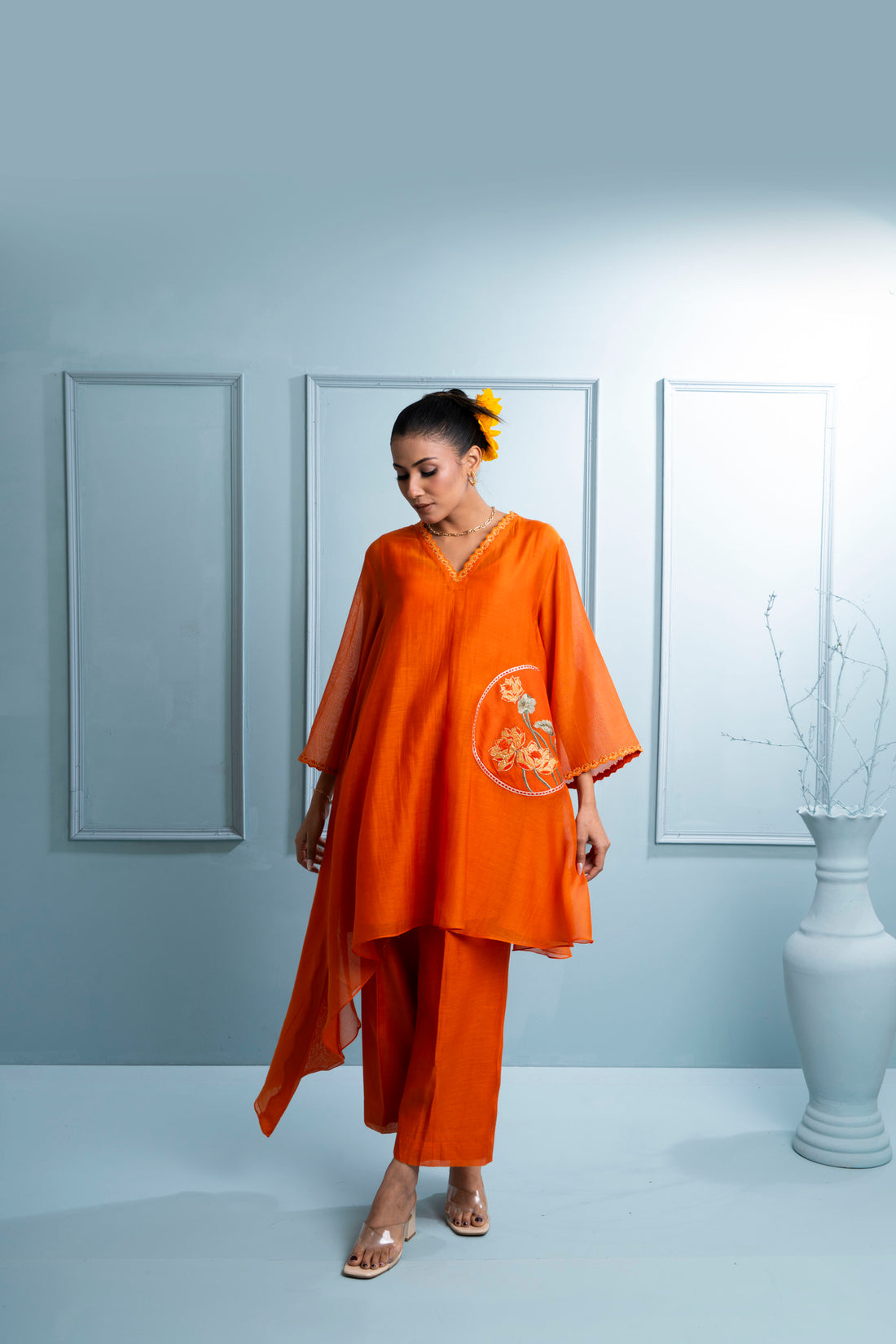 Orange Asymmetrical Chanderi Co-ord Set