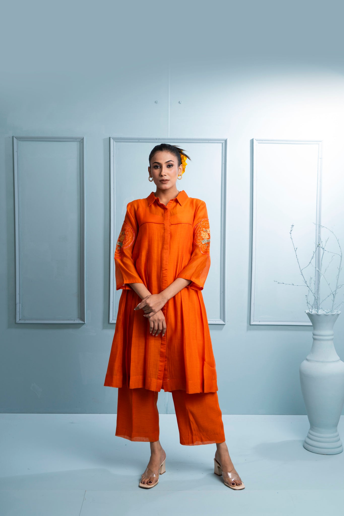 Orange Pleated Soft Chanderi Co-ord Set