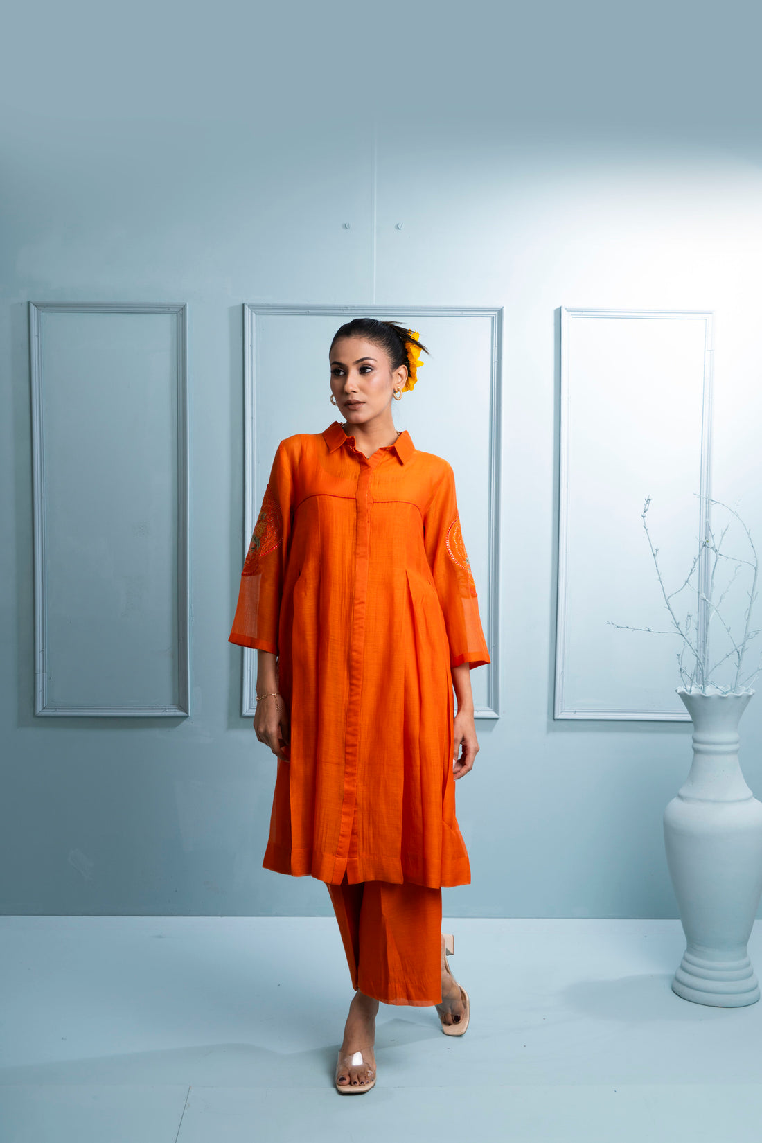 Orange Pleated Soft Chanderi Co-ord Set