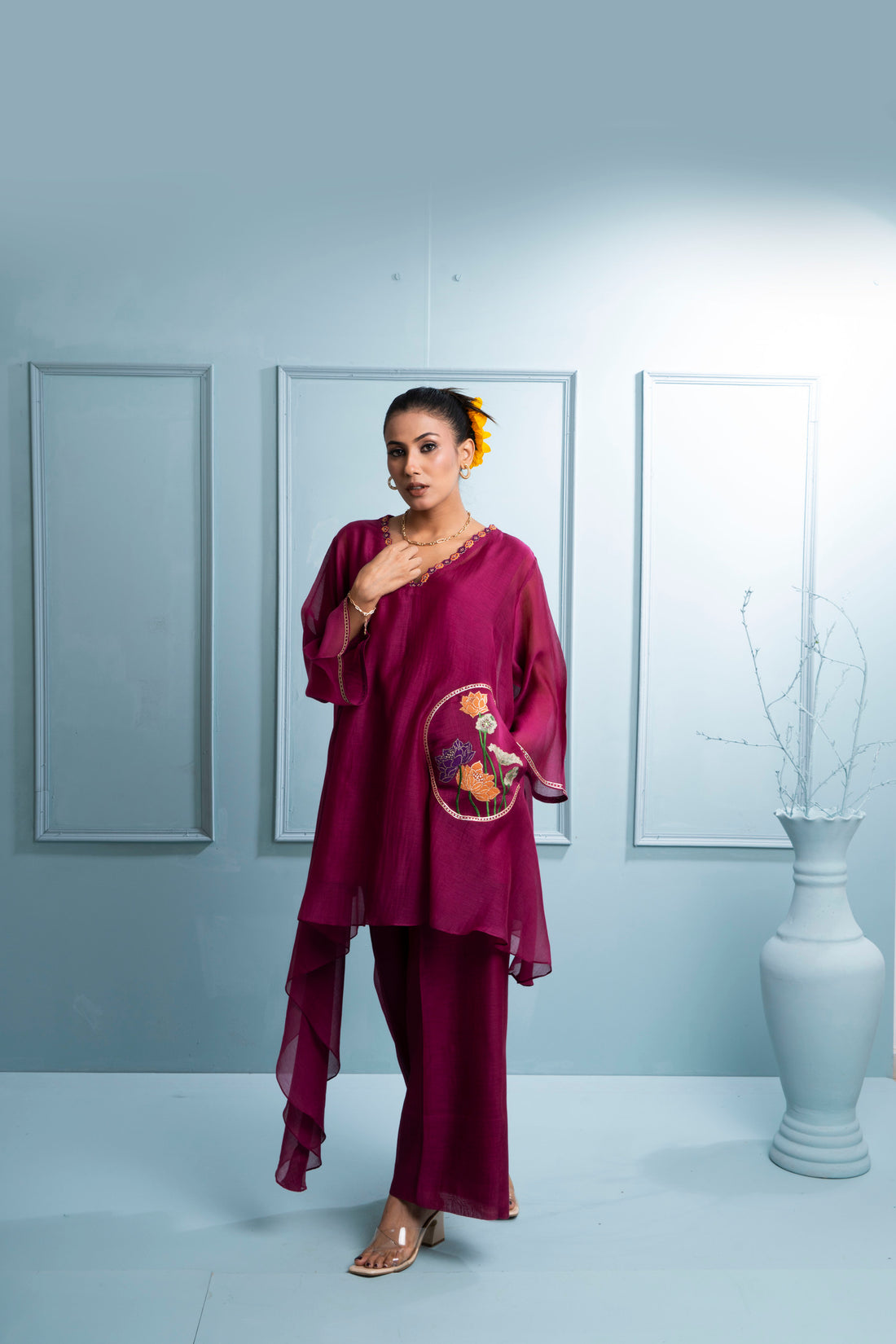 Burgandy Asymmetrical Chanderi Co-ord Set