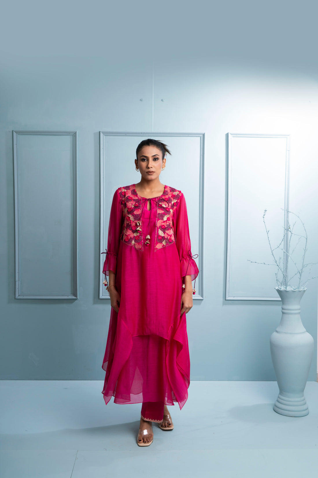 Pink Asymmetrical two-layer Chanderi Kurta Set