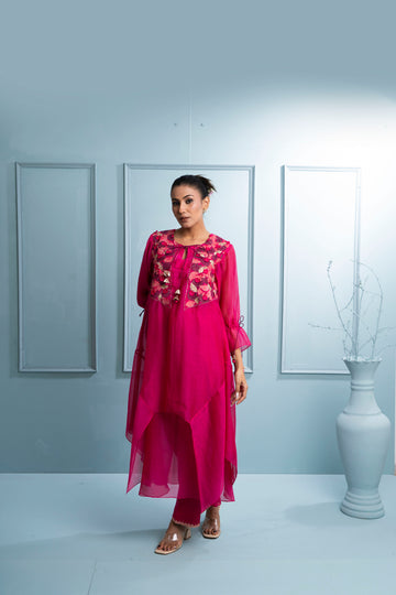 Pink Asymmetrical two-layer Chanderi Kurta Set