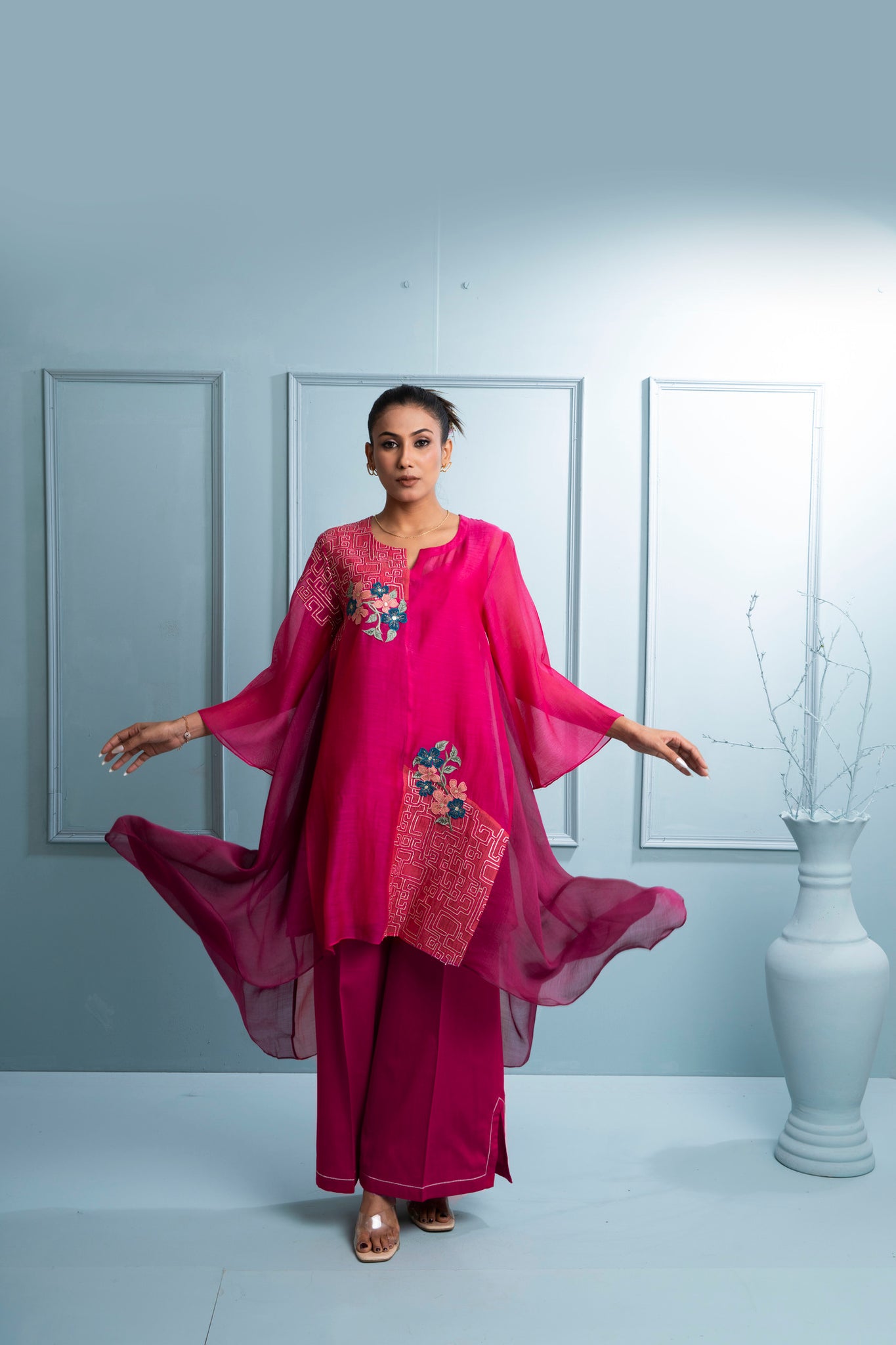 Pink Asymmetrical Chanderi Kurta Set