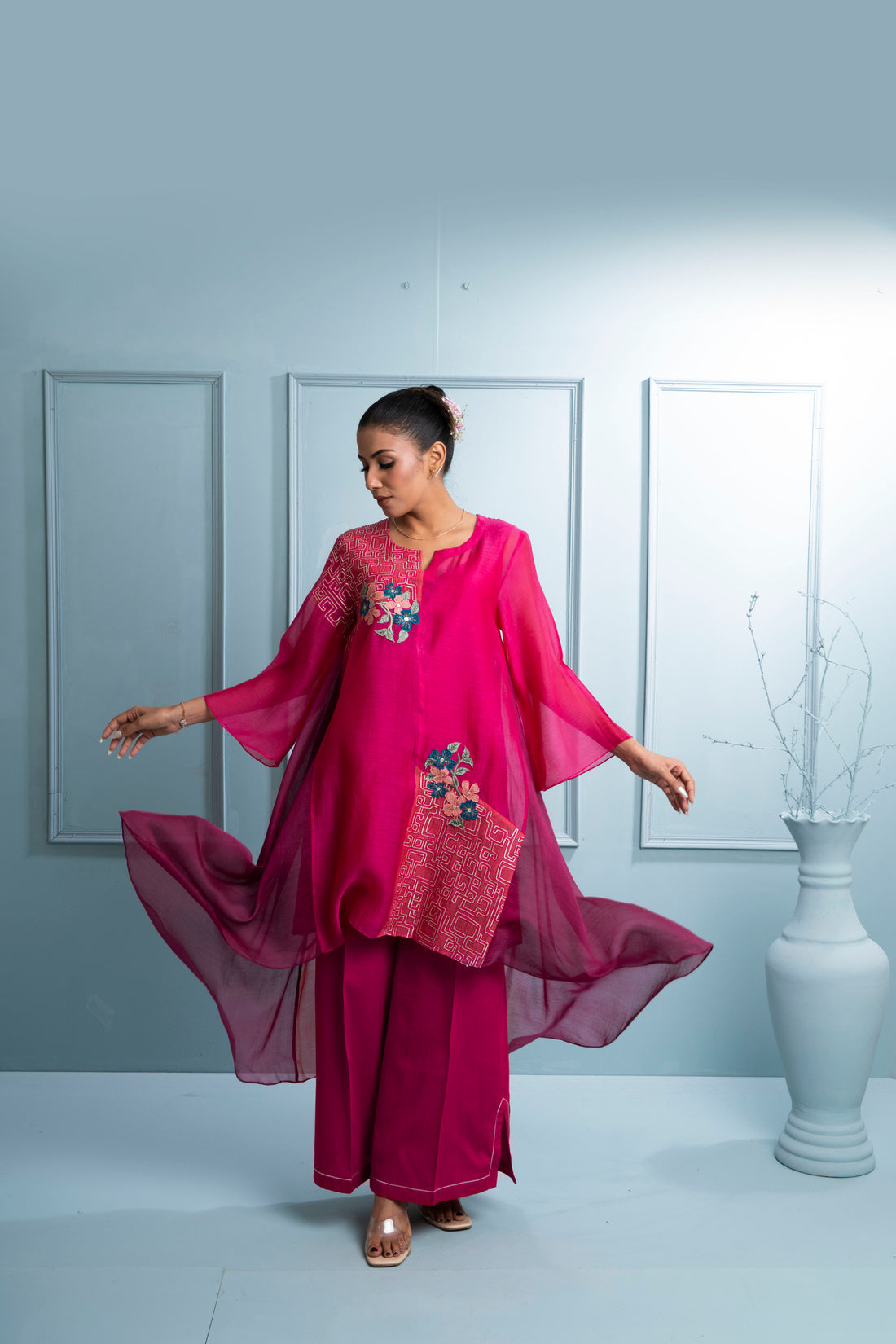 Pink Asymmetrical Chanderi Kurta Set