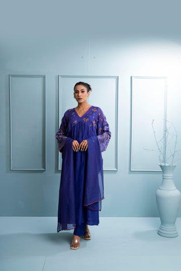 Purple Pleated V Neck Chanderi Kurta Set