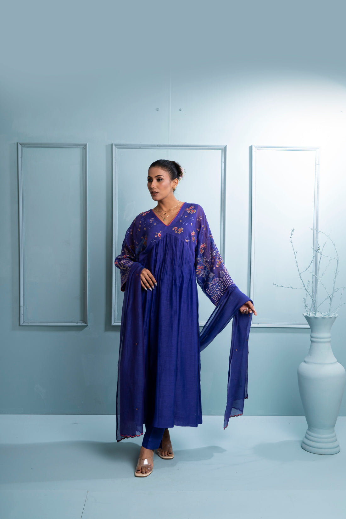 Purple Pleated V Neck Chanderi Kurta Set