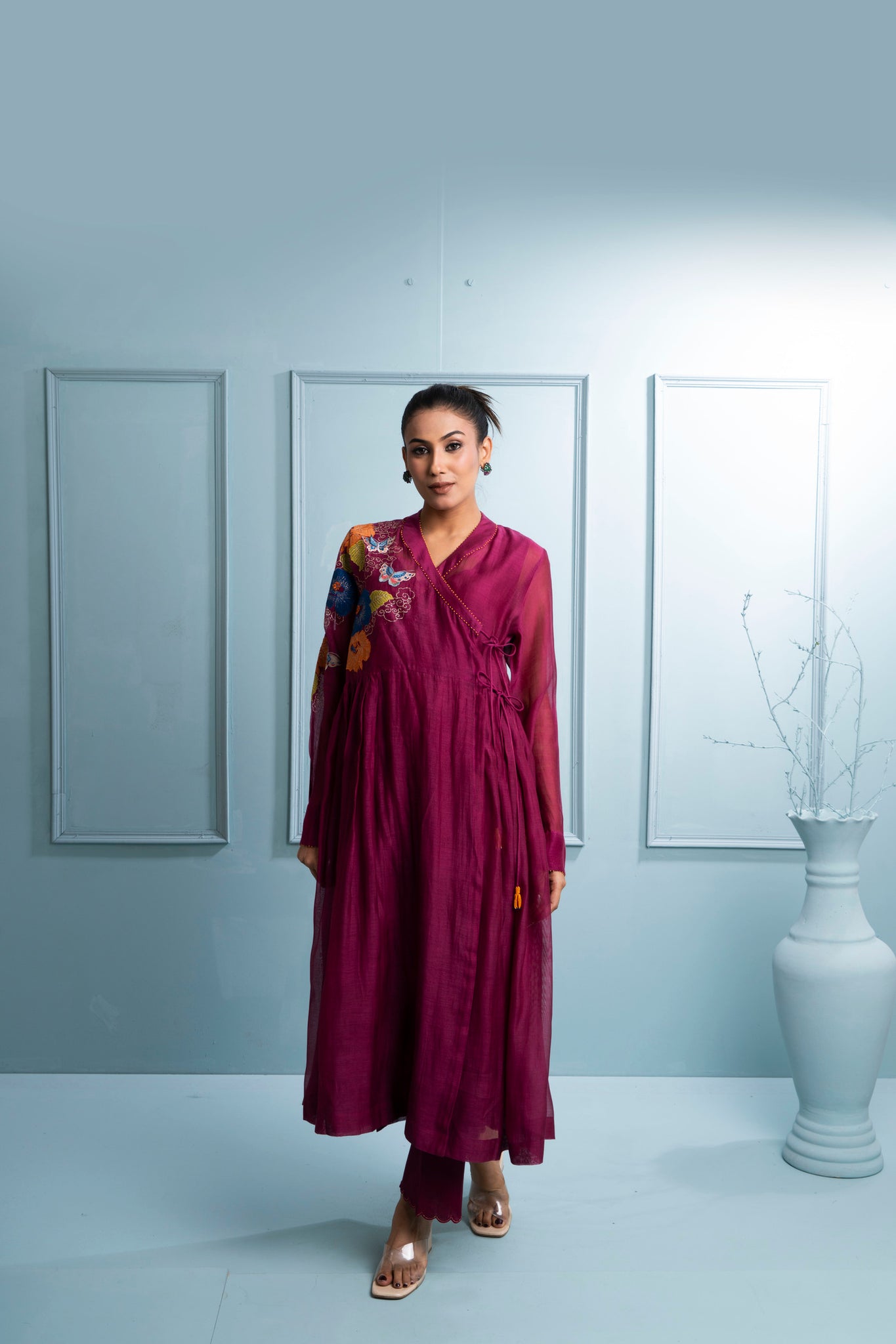 Burgandy Angrakha Chanderi Embroidered Kurta Set