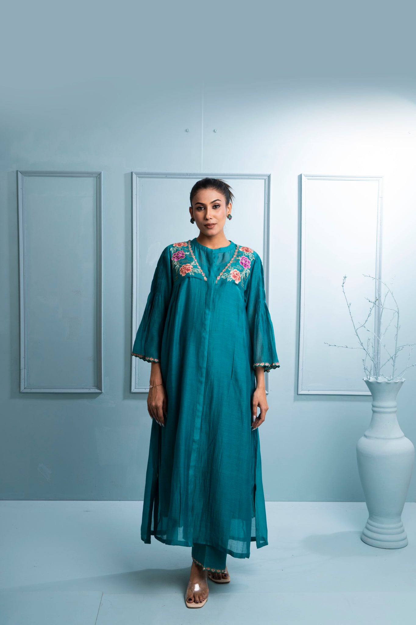 Teal Blue Front Gathers Chanderi Kurta Set