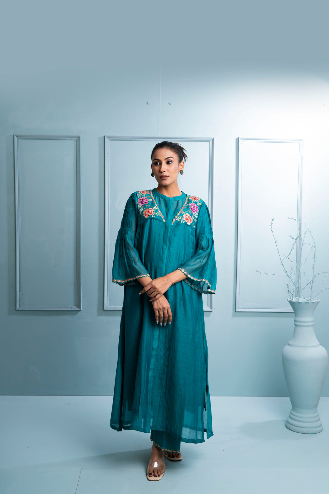 Teal Blue Front Gathers Chanderi Kurta Set