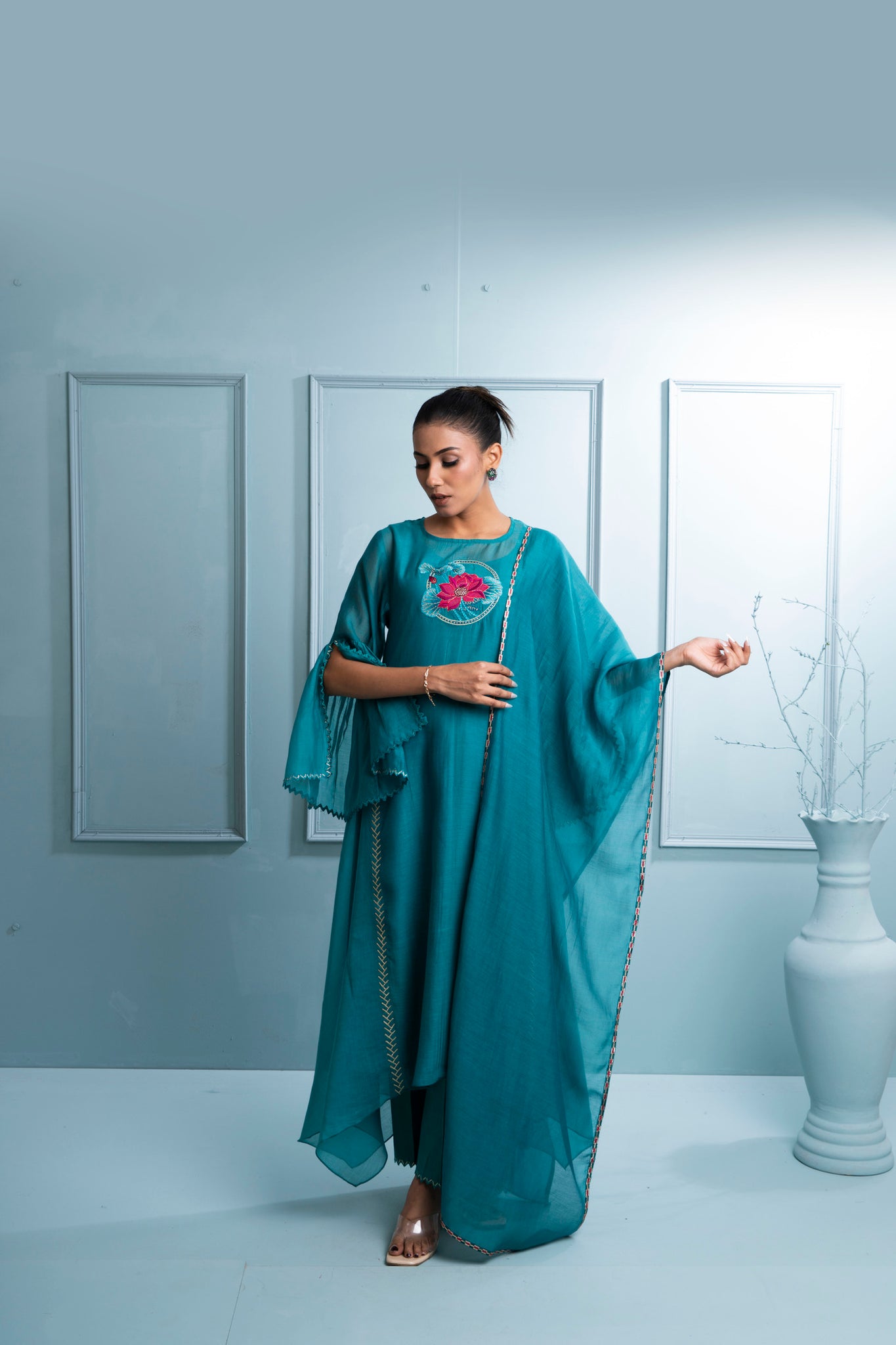 Teal Blue Asymmetrical Chanderi Kurta Set with Dupatta