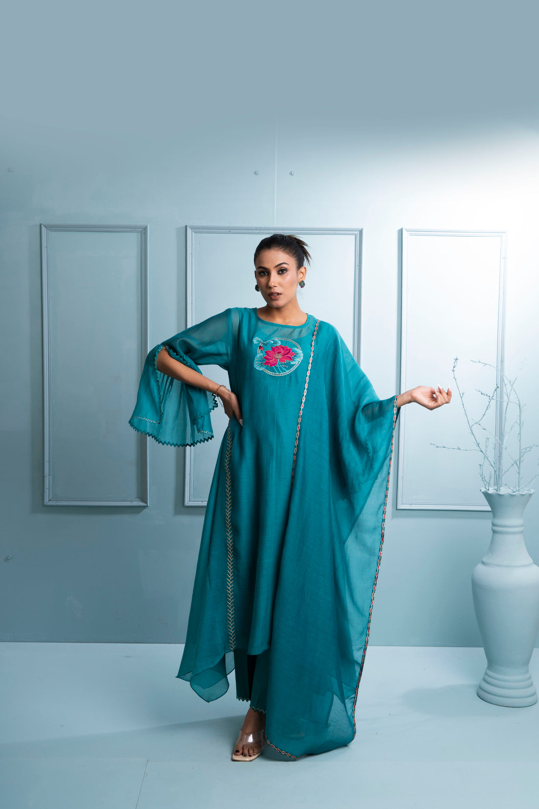 Teal Blue Asymmetrical Chanderi Kurta Set with Dupatta