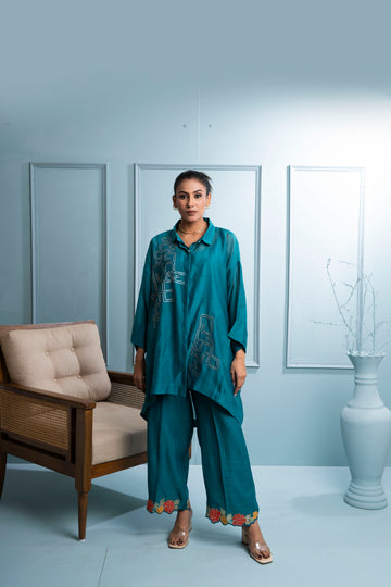 Teal Chanderi Asymmetric Shirt with Embroidered Pant