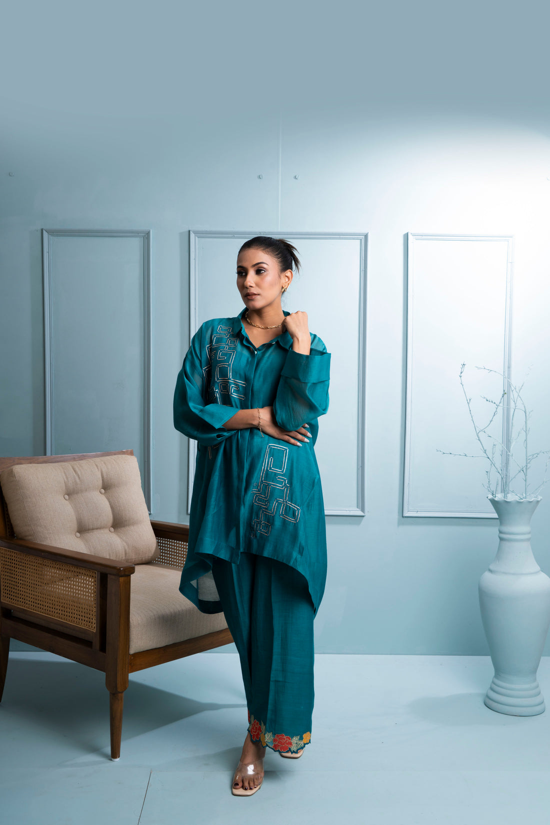 Teal Chanderi Asymmetric Shirt with Embroidered Pant