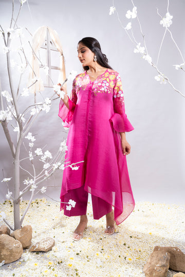 Shazia Fuchsia Pink Asymetrical Chanderi Kurta Set