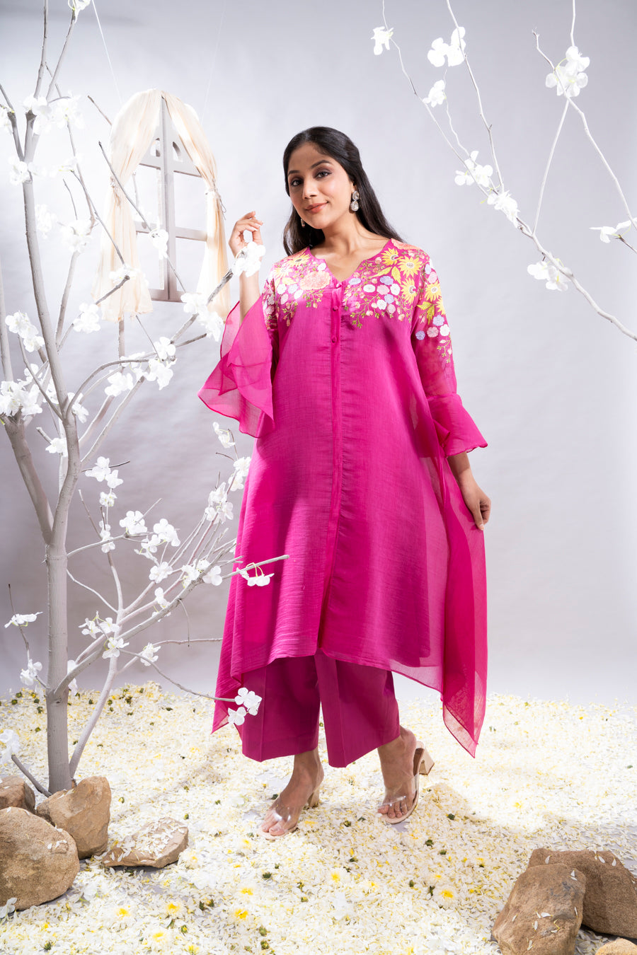 Shazia Fuchsia Pink Asymetrical Chanderi Kurta Set