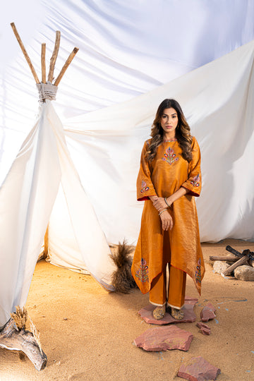 Rust Handloom Cotton Zari Tissue Embroidered Kurta Set