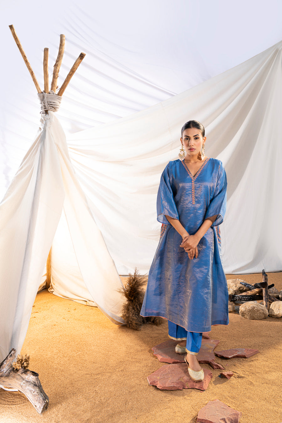 Blue Handloom Cotton Zari Tissue Embroidered Kurta Set