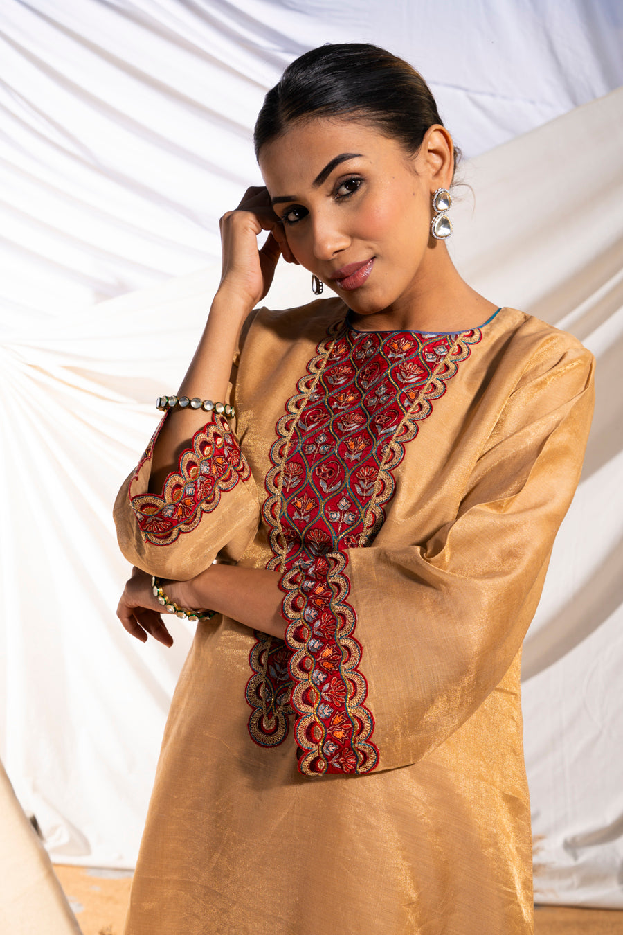Beige Handloom Cotton Zari Tissue Embroidered Kurta Set