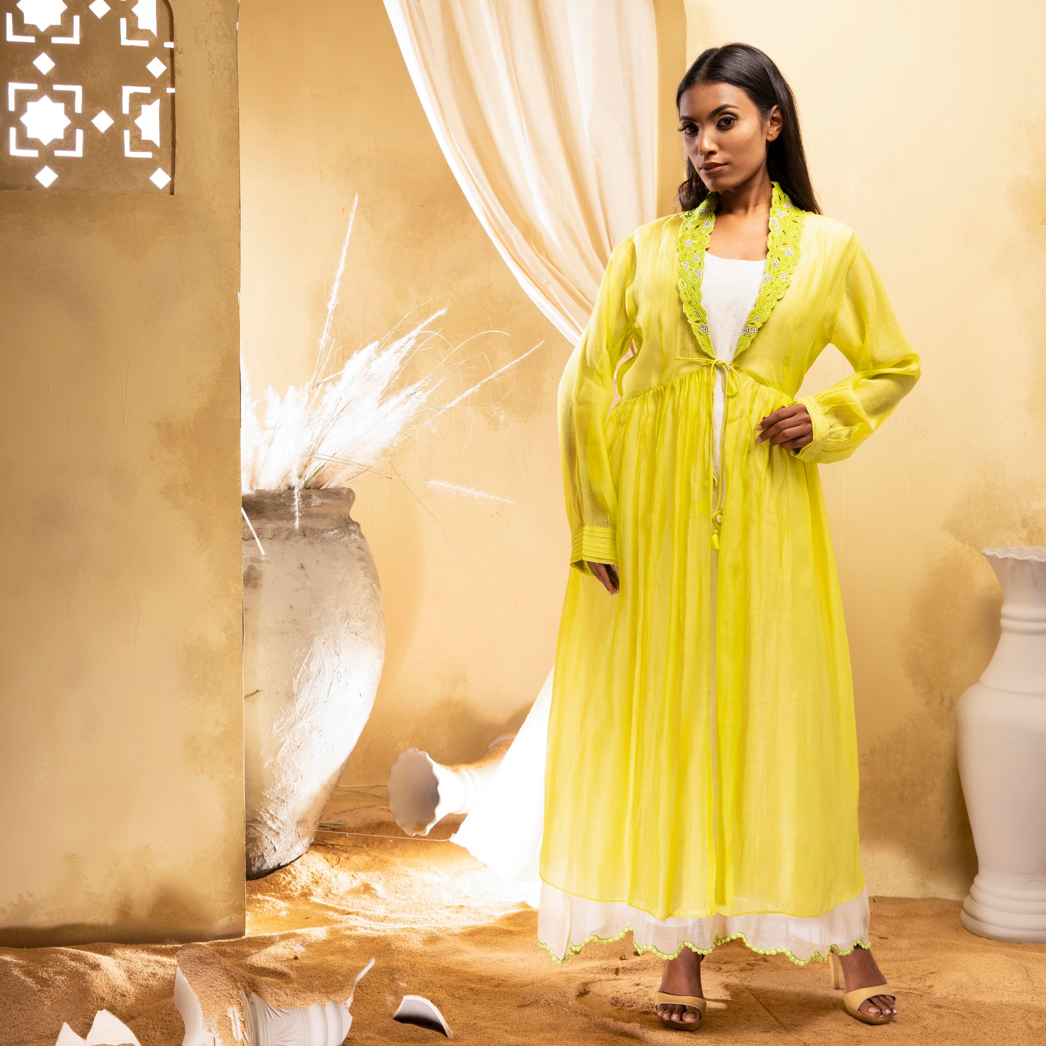 Lime green cotton silk chanderi jacket with off-white kurta