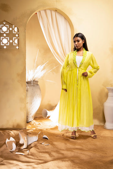 Lime green cotton silk chanderi jacket with off-white kurta