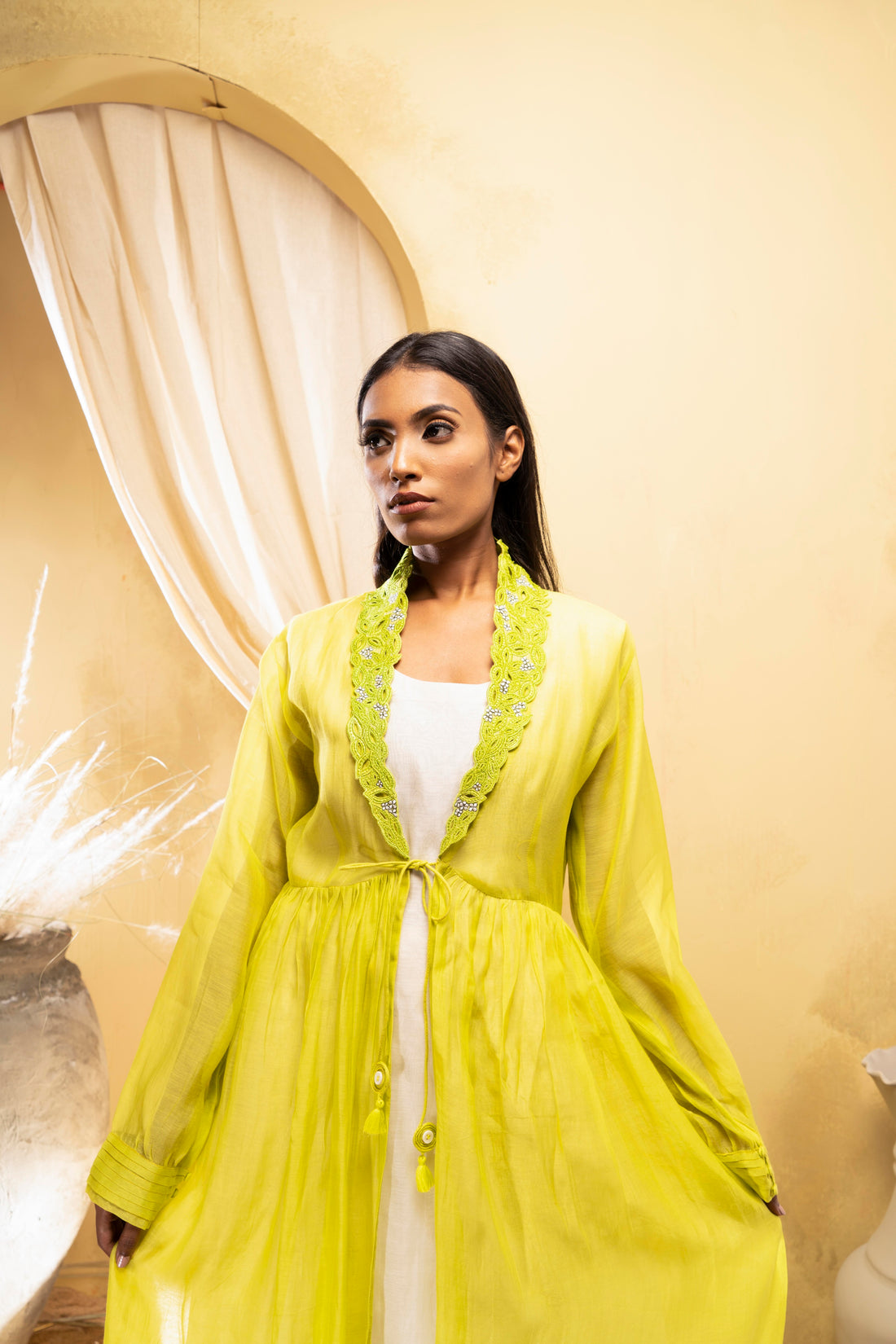 Lime green cotton silk chanderi jacket with off-white kurta