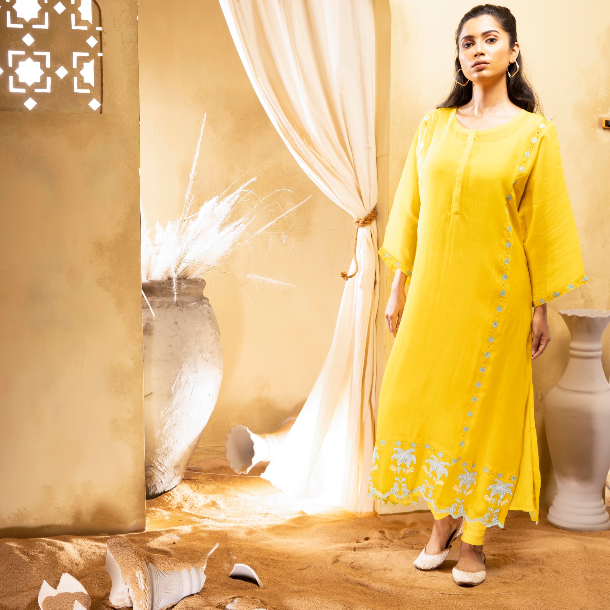 Yellow chanderi applique work kurta