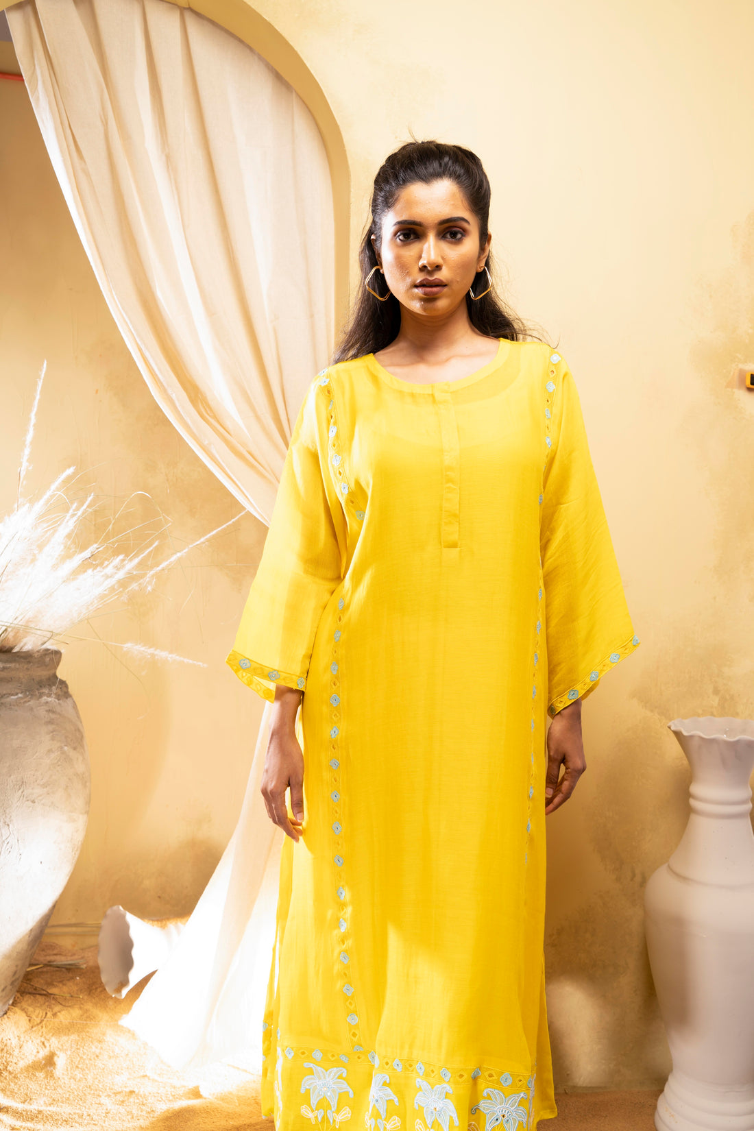 Yellow chanderi applique work kurta