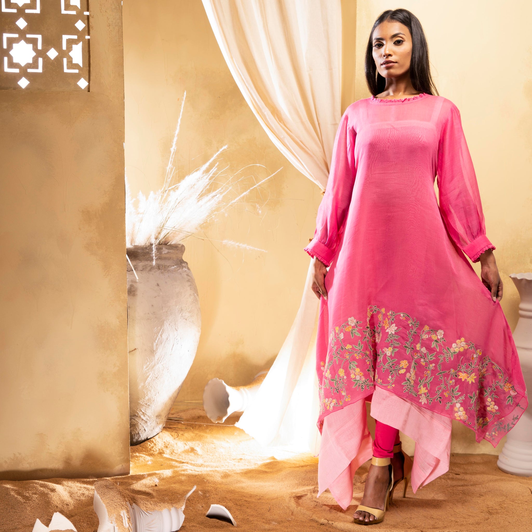 Pink chanderi asymetrical kurta