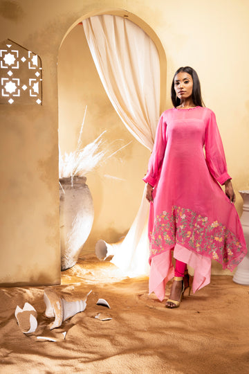 Pink chanderi asymetrical kurta