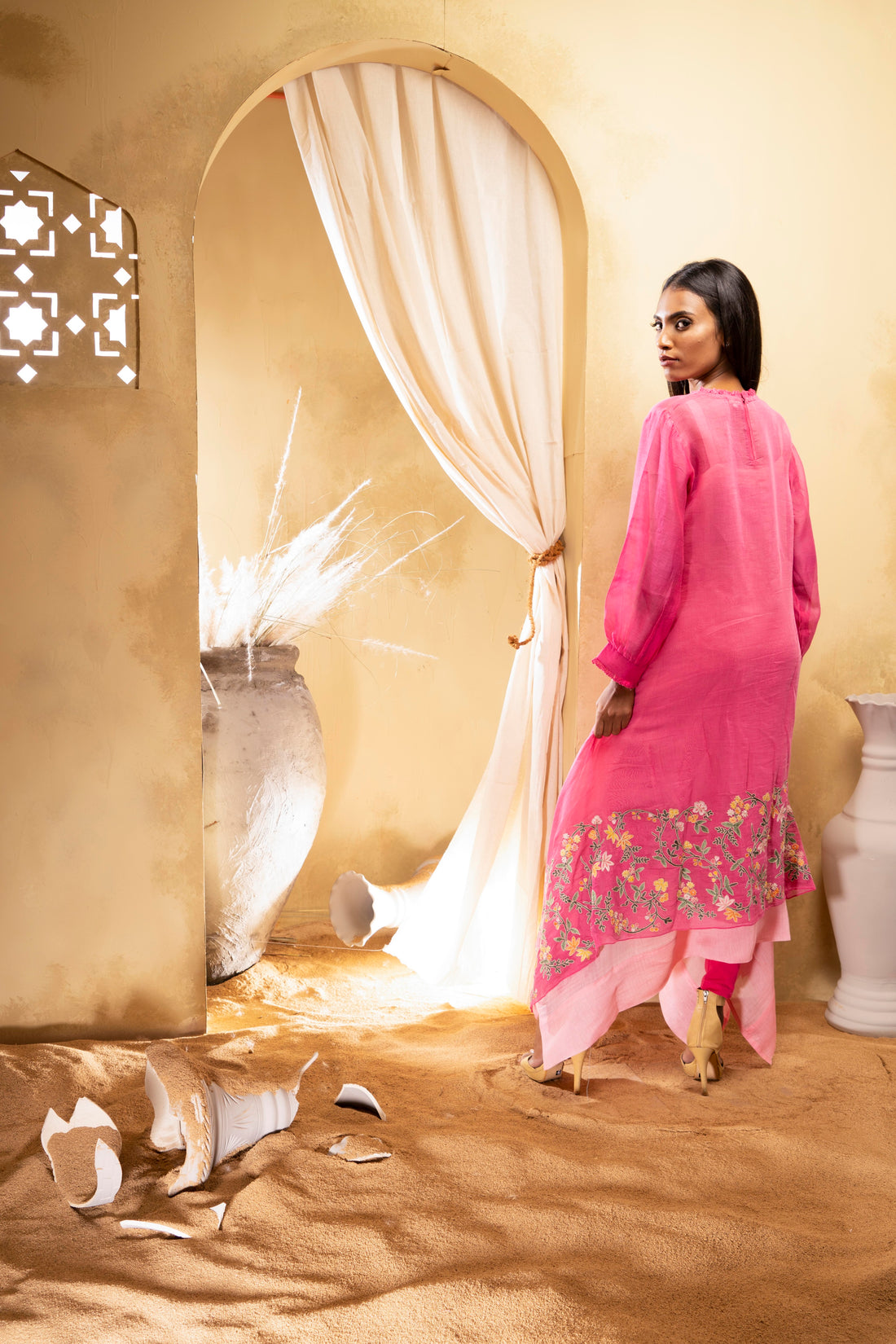 Pink chanderi asymetrical kurta