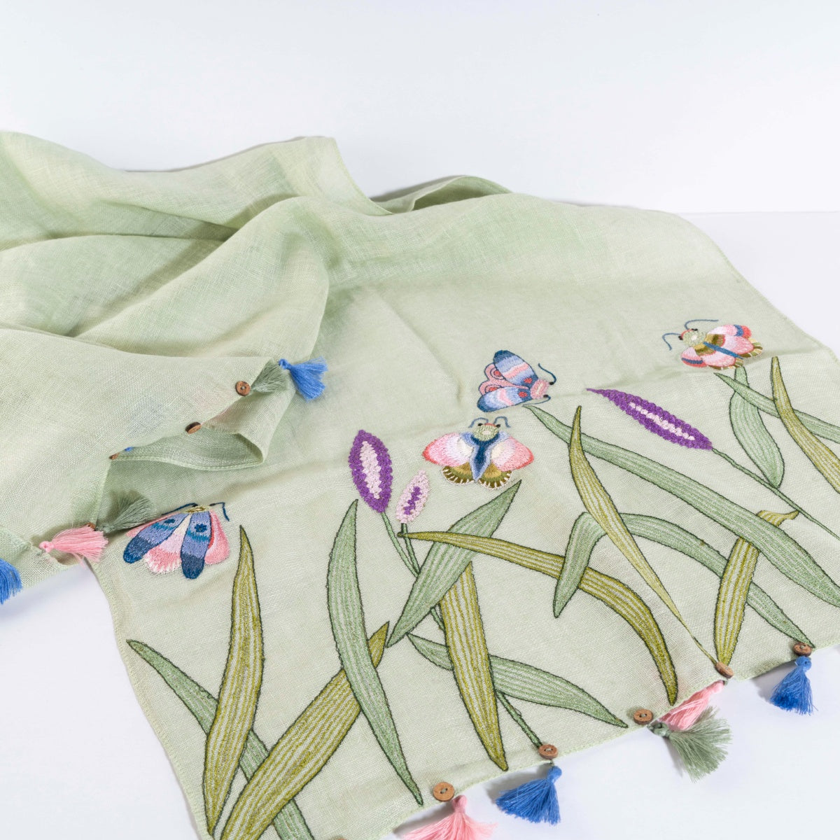 BUTTERFLY DREAMS - LIGHT GREEN EMBROIDERED STOLE